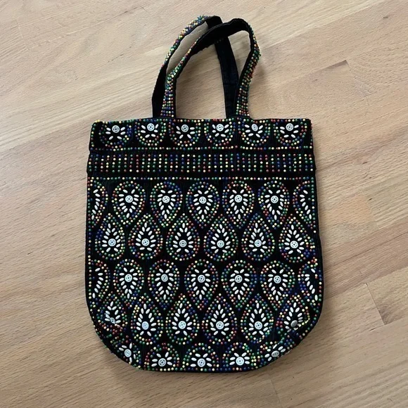 Vintage Beaded Tote Bag Purse Retro 60s 70s Rainbow Plastic Beads Black Funky - Picture 1 of 7